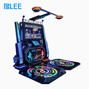 Full front view showcasing two dance stations, dual HTC headsets, and large 42-inch spectator display.