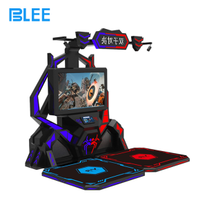 Two players wearing HTC headsets, engaged in an intense laser tag duel across the virtual arena.