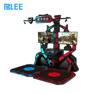 Two players wearing HTC headsets, engaged in a laser tag duel across the spacious virtual arena.