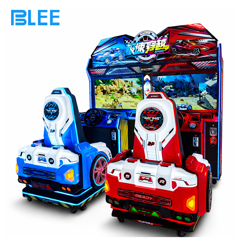 2-player competitive racer BLEE Speed Rush Pneumatic Racing Game with motion system featured in a high-energy arcade racing zone.