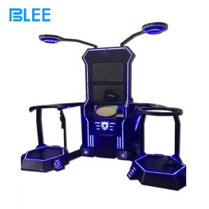 Two players wearing HTC headsets, engaged in a laser tag duel across the virtual arena.