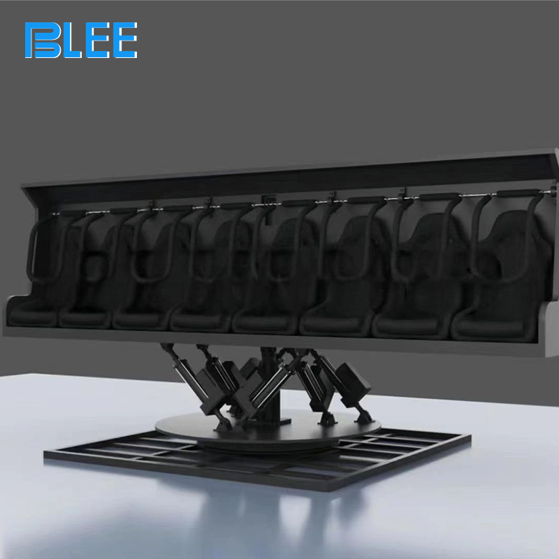 Close-up of suspended motion seat mechanism showing lift, tilt, and surge capabilities.