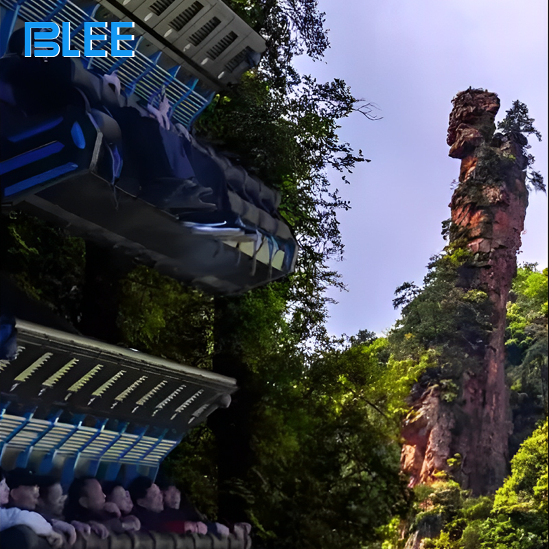 Spectators watching from below as ten seats soar in synchronization with on-screen action.