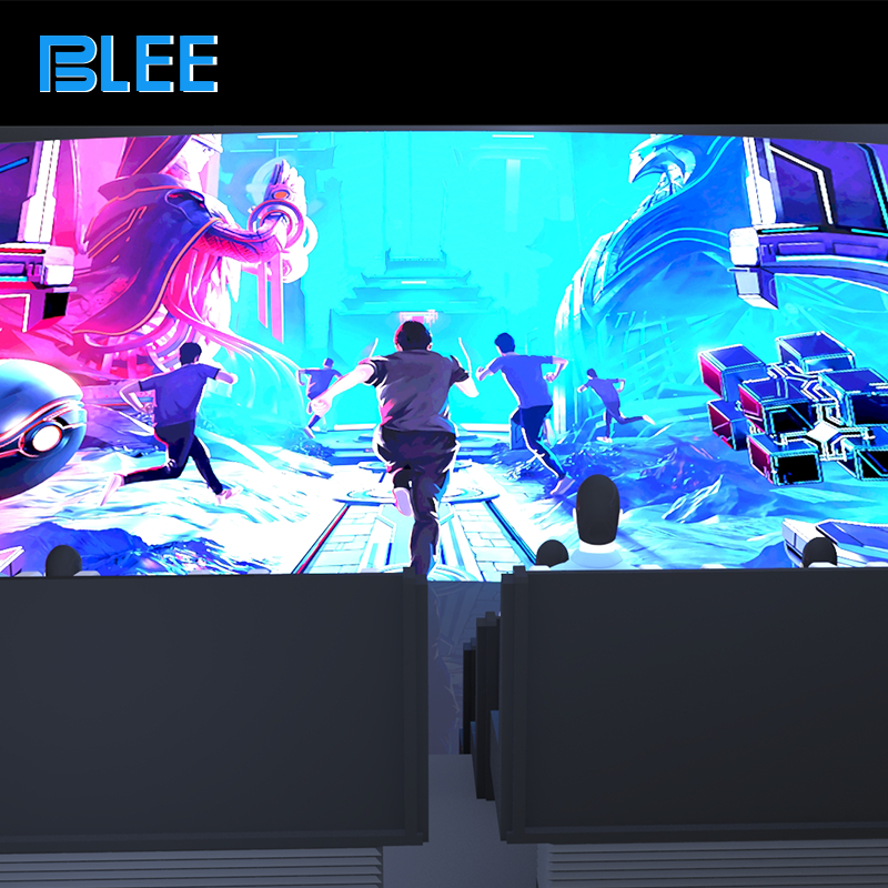BLEE VR Flying Theater (6000×6000×3200mm, 800KG) with massive 6M curved screen featured as a flagship attraction.