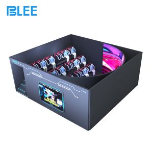 Close-up of suspended motion seat mechanism showing lift, tilt, and surge capabilities with safety harness.