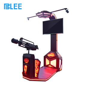 Close-up of the realistic Gatling gun showing rotating barrel mechanism and responsive trigger system.