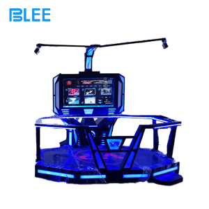 Full front view showcasing the motion platform, HTC headset, and large 55-inch spectator display.