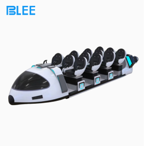 Twelve players seated in synchronized motion chairs wearing headsets during an interstellar fleet battle.