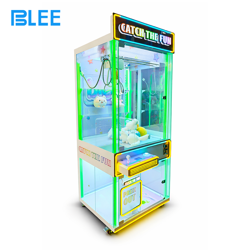 coin-operated claw game (2) Full front view showcasing the vibrant cabinet graphics, LED marquee, and spacious prize compartment.