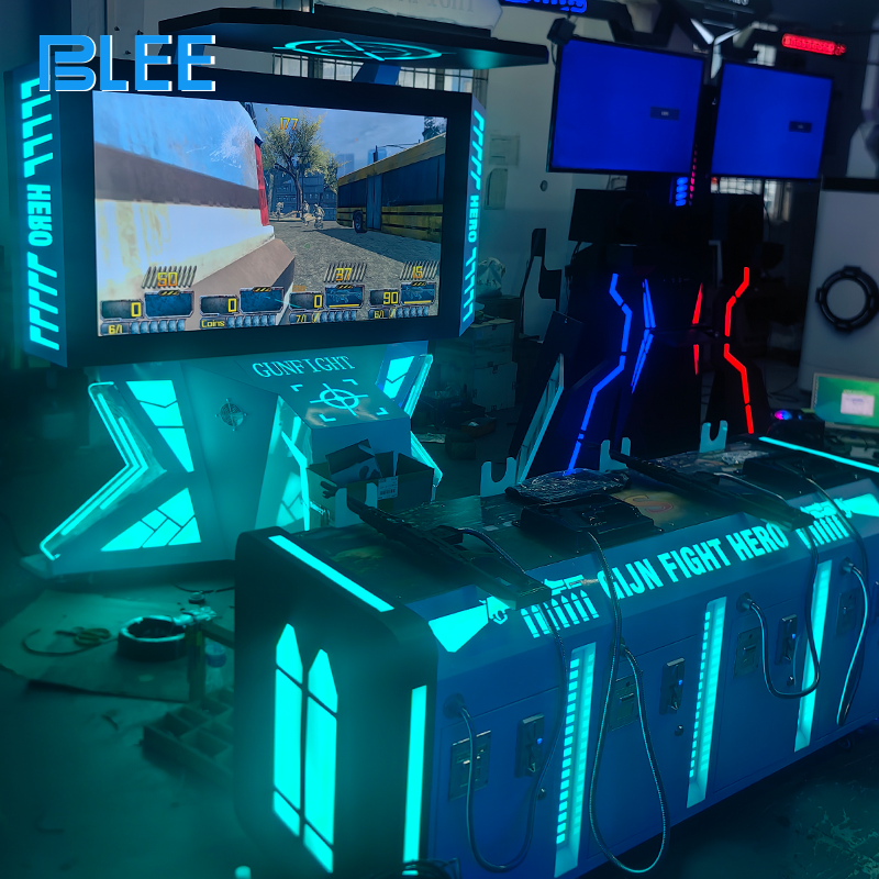 Full front view showcasing four LED-illuminated headsets, four shooting stations, and massive 55-inch spectator screen.