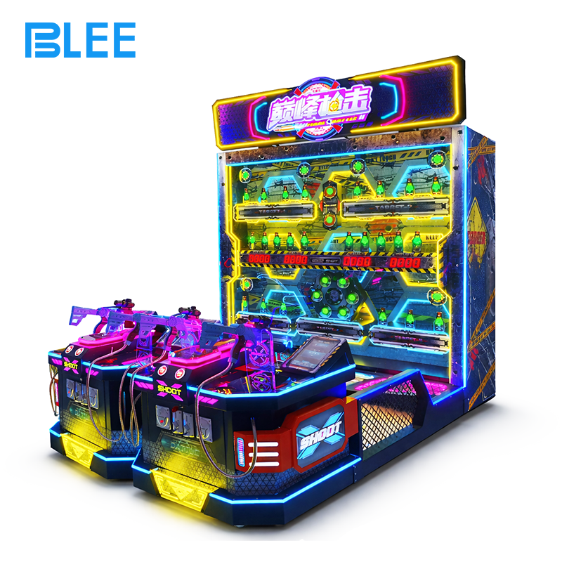 competitive gun game Full front view showcasing four individual shooting stations with precision sniper rifles and large displays.