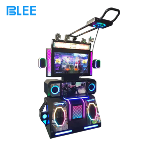 Full front view showcasing the HTC headset, dance platform, and large spectator display.