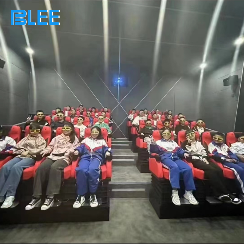 Close-up of motion seat showing hydraulic movement system and integrated environmental effect nozzles.