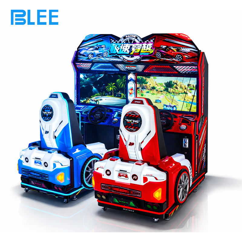 motion racing arcade Large HD display showing split-screen racing action with real-time position and speed tracking.
