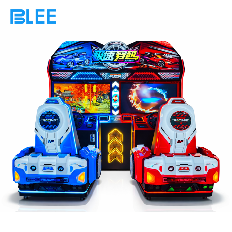 pneumatic racing game Close-up of racing steering wheel with force feedback, paddle shifters, and control buttons.