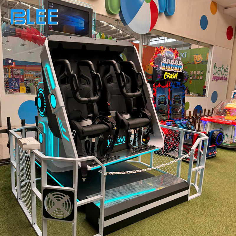 BLEE VR Dual 360 with Guardrails (L2800×W2400×H2100mm, 4500KG) featured in a premium arcade zone.