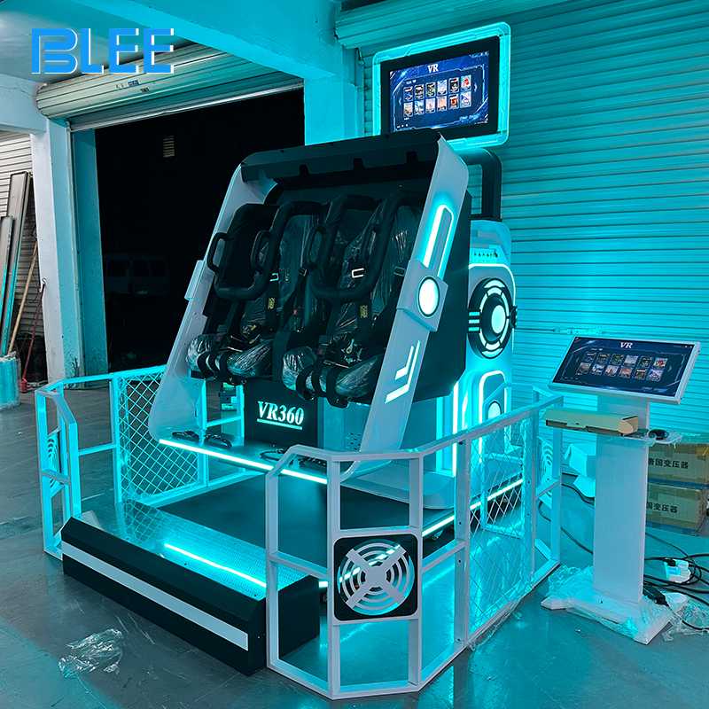 Two players secured inside guardrails wearing Dapeng E3S headsets during synchronized 360-degree spins.