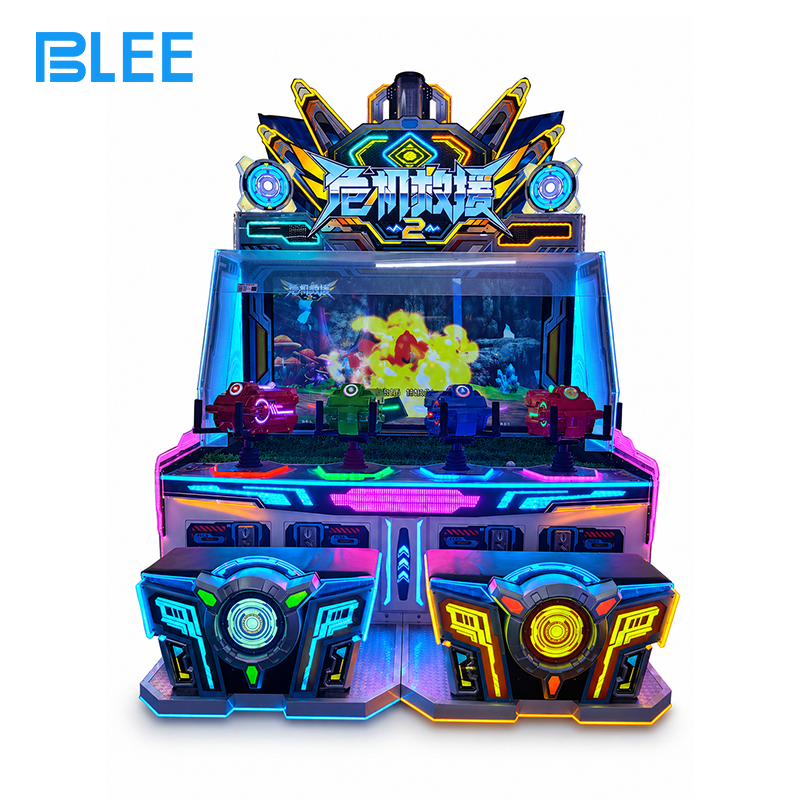 crisis rescue arcade machine (1) BLEE Crisis Rescue 4-Player Water Gun Game (250×200×280cm) with emergency vehicle graphics featured in a family entertainment center.