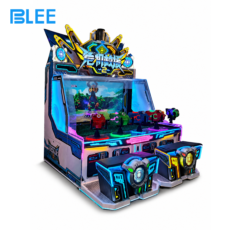 crisis rescue arcade machine (2) Full front view showcasing four water gun stations, cityscape diorama, and dramatic rescue backdrop.