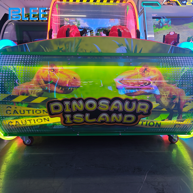 BLEE Dinosaur Shot Ball Arcade Game (230×120×240cm) with jungle-themed cabinet featured in a family entertainment center.
