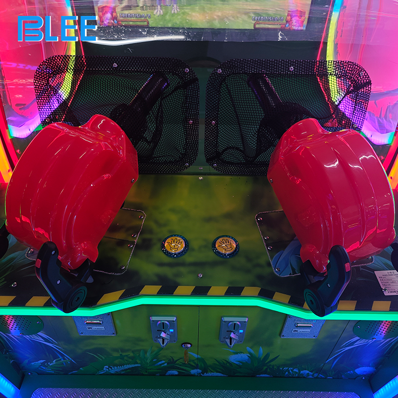 Full front view showcasing dinosaur targets, ball shooter mechanism, and glowing prehistoric graphics.