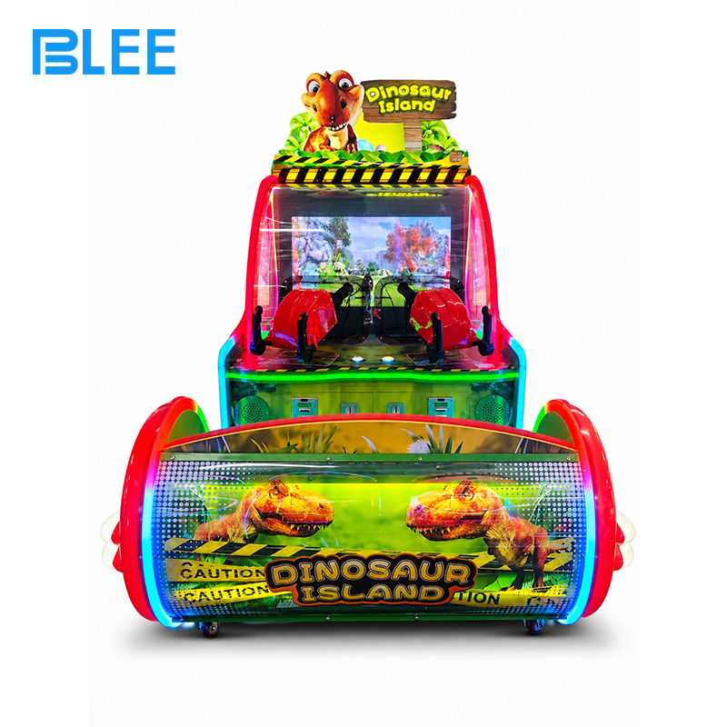 dinosaur shooting arcade machine (9) Player inserting coins into the illuminated payment system to begin the game.