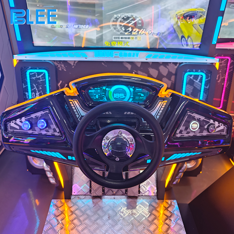 Full front view showcasing the large racing cockpit, 55-inch screen, force-feedback wheel, and LED accent lighting.