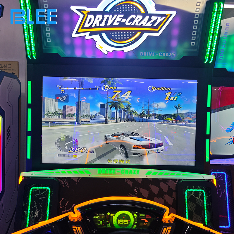 Player gripping the steering wheel while the massive 55-inch display shows a neon-lit city circuit.