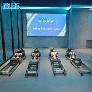 BLEE Dynamic Rowing Arcade with large digital display and realistic rowing machine featured in an active entertainment zone.