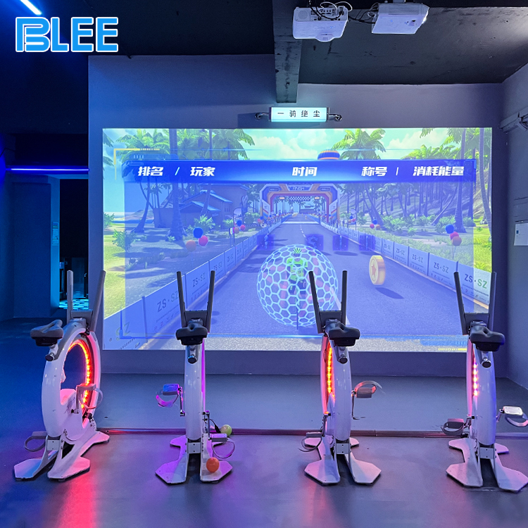 Projection racing game with exercise bikes Projection racing game with exercise bikes